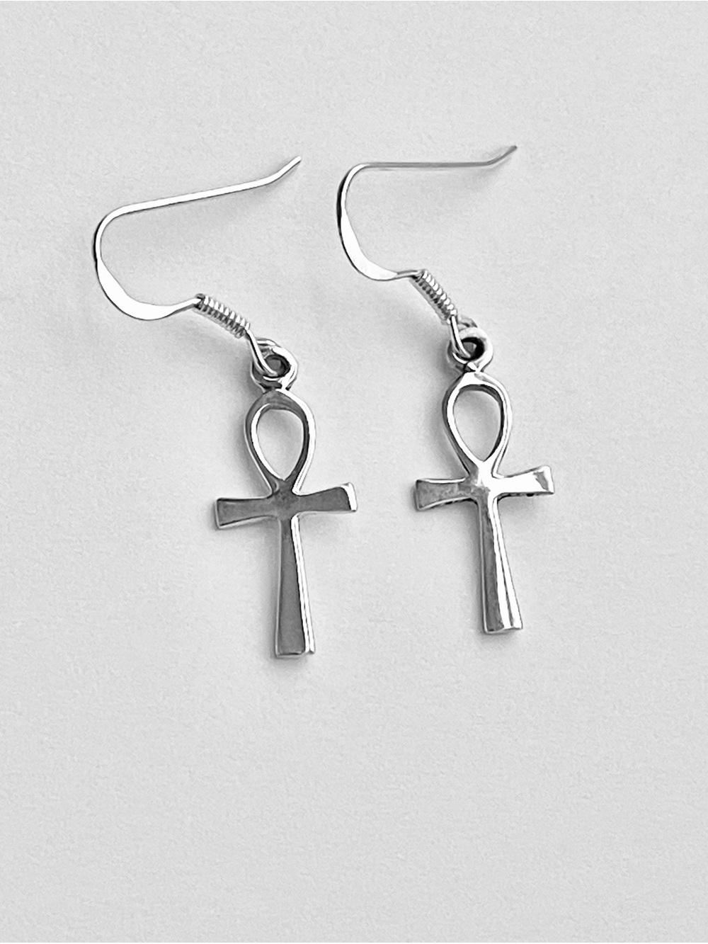 Sterling Silver Ankh Dangle Earrings, Egyptian Key of Life Cross Earring